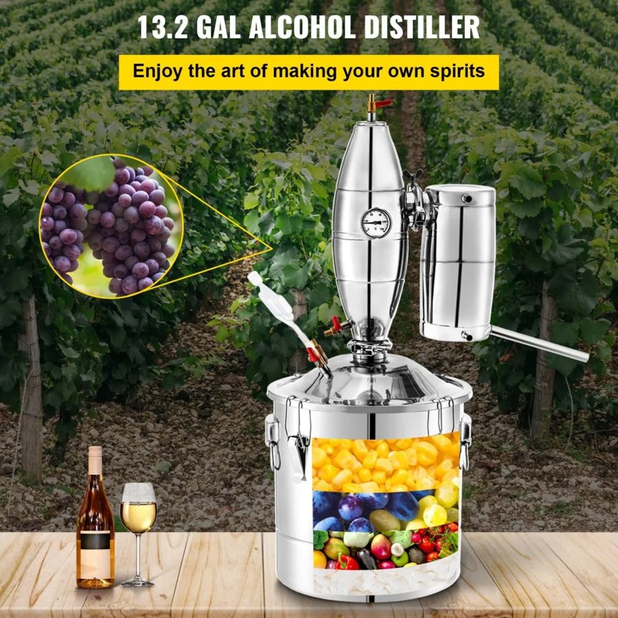VEVOR Wine Boiler Stainless Steel Water Alcohol Distiller 13.2 Gallon Alcohol Still 50L Whiskey Distillery Kit Home Moonshine Still with Thermometer and fermentation tank for Alcohol Distilling