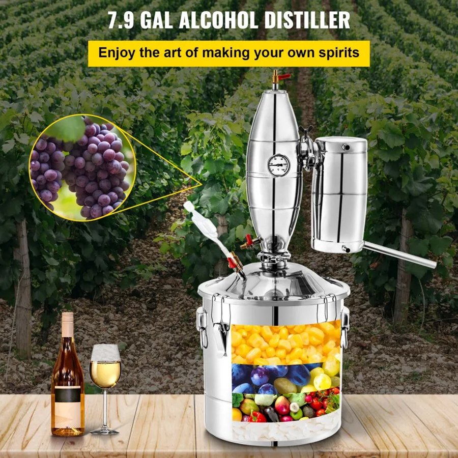 VEVOR Alcohol Distiller, 30 Liter Alcohol Beverage Distiller, 6.6 Gal Beer Boilers Wine Grappa Spirits, Homemade Brewing Kit, Stainless Steel Moonshine Distiller