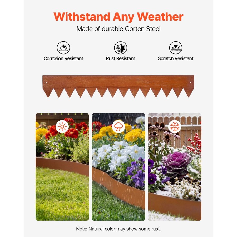VEVOR Corten Steel Landscape Edging, 6-Pack 1016 x 152 mm Metal Edging for Landscaping with 8 Connecting Plates, Bendable Metal Garden Edge Border for Flower Bed, Yard Pathway, Rust