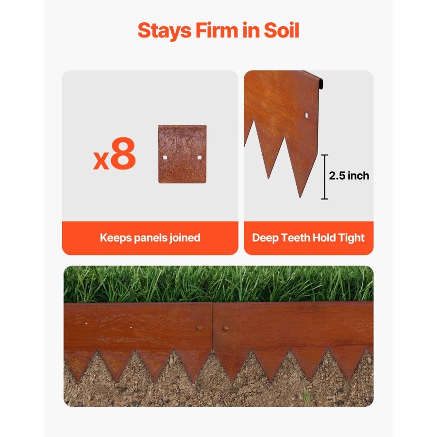 VEVOR Corten Steel Landscape Edging, 6-Pack 1016 x 152 mm Metal Edging for Landscaping with 8 Connecting Plates, Bendable Metal Garden Edge Border for Flower Bed, Yard Pathway, Rust