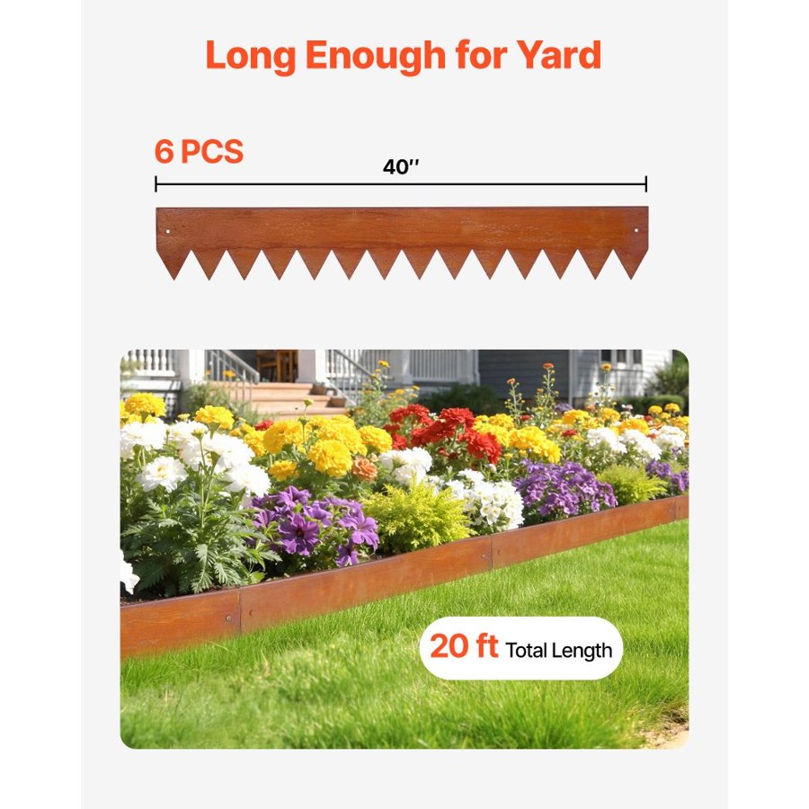VEVOR Corten Steel Landscape Edging, 6-Pack 1016 x 152 mm Metal Edging for Landscaping with 8 Connecting Plates, Bendable Metal Garden Edge Border for Flower Bed, Yard Pathway, Rust