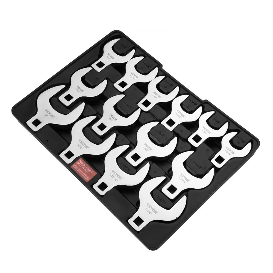 VEVOR Crowfoot Wrench Set, 1/2" Drive 14-Piece SAE (1-1/16" - 2") Crows Foot Wrench Set with Storage Tray, 40CR Material with Laser Etched Sizing, for Mechanical Maintenance or Repairs
