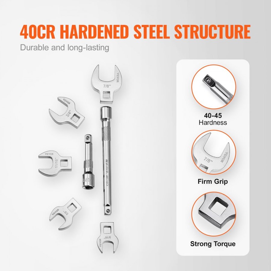 VEVOR Crowfoot Wrench Set, 3/8" Drive 20-Piece Crows Foot Wrench Set with 2 Extension Bars and EVA Tool Organizer, SAE 3/8"-7/8" and Metric 10-22 mm, 40CR Material with Mirror Chrome Finish