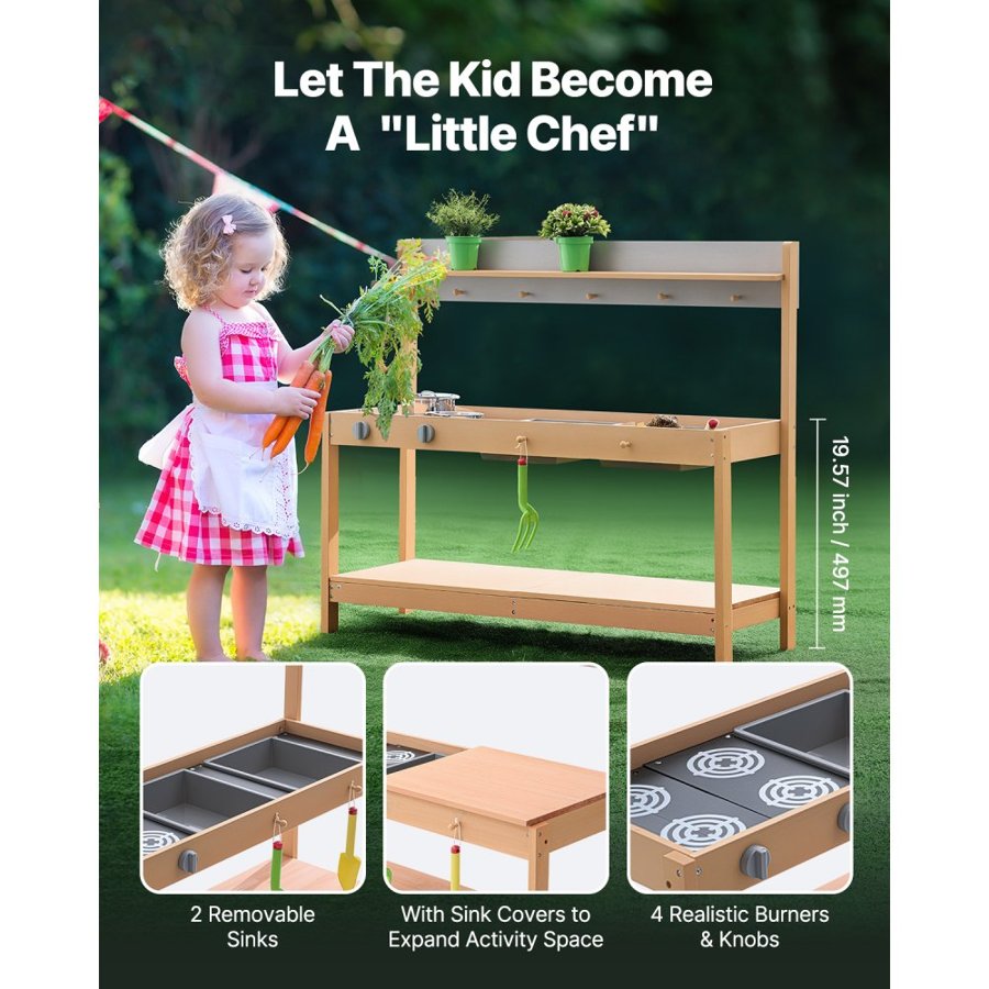 VEVOR Mud Kitchen for Kids, Wooden Toy Play Kitchen Set with Accessories, Outdoor Grocery Store Playset, Pretend Play Outdoor Kitchen for Boys and Girls, Toddler Play Kitchen with Stoves and Sink