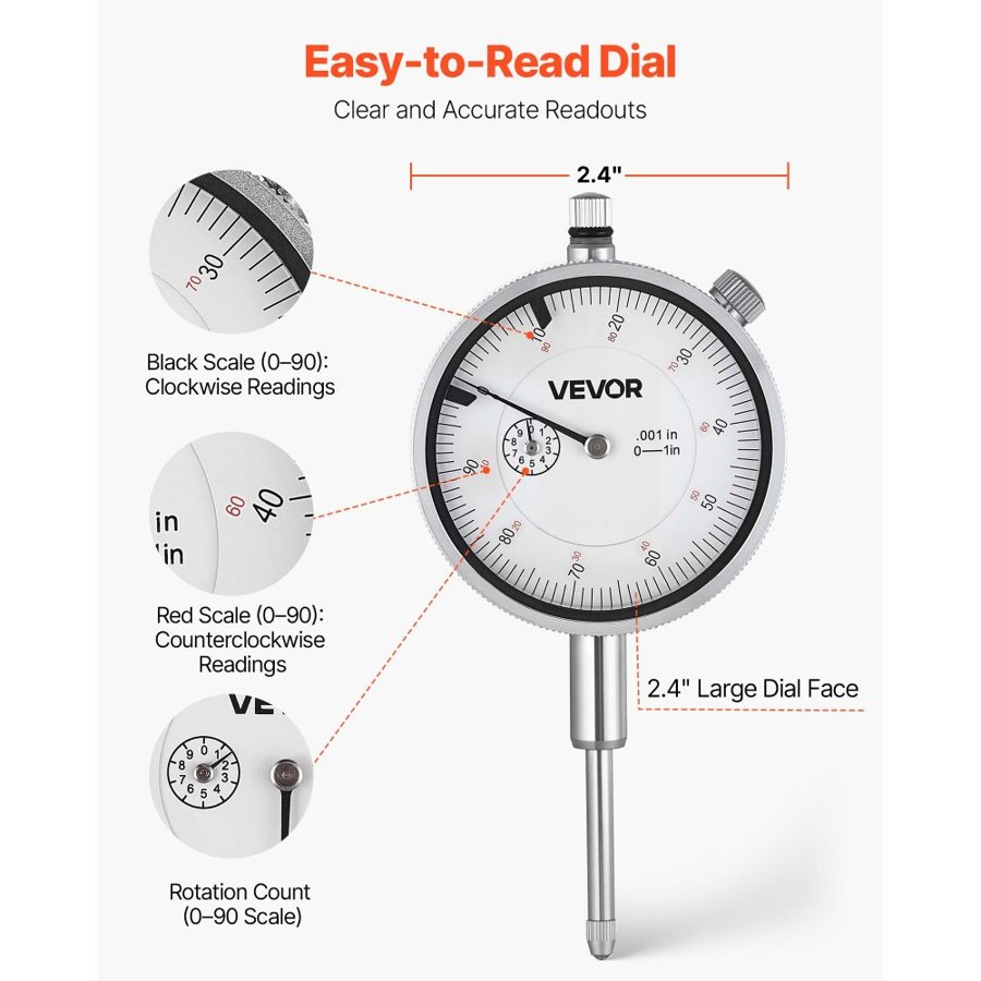 VEVOR Runout Dial Indicator – 0.001 in. Acc, 0-1 in. Range