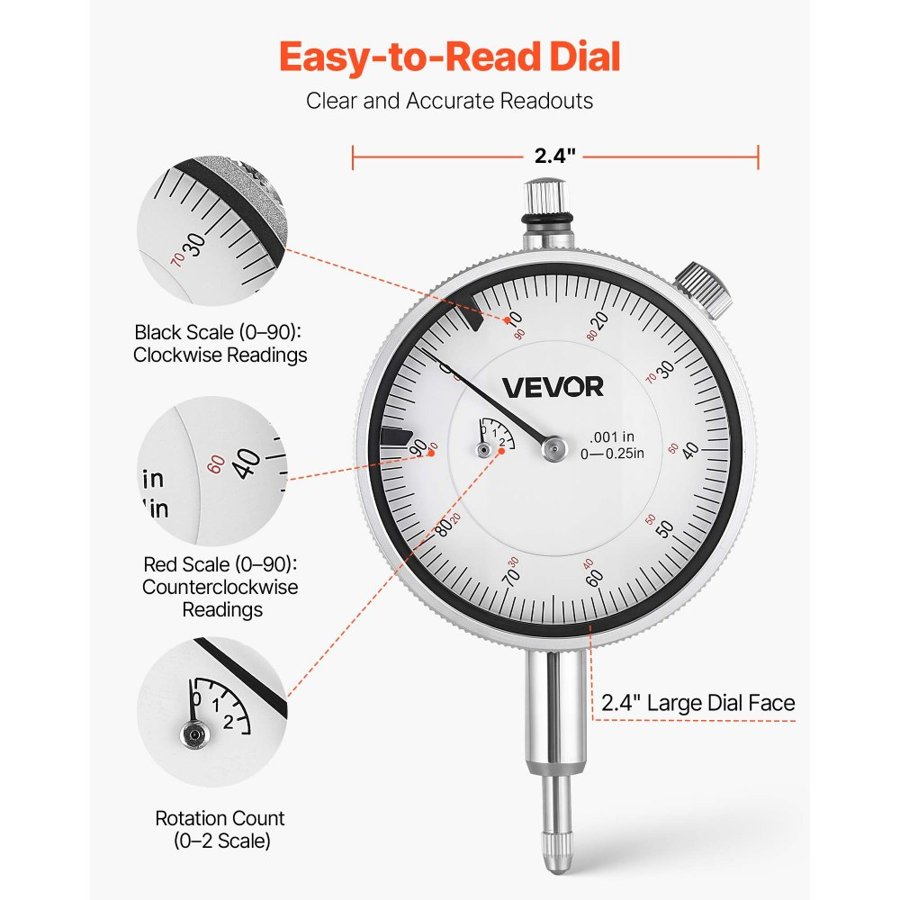 VEVOR Dial Indicator Bore Gauge – 0.001 in, 2-6 In, 2.4 Inch