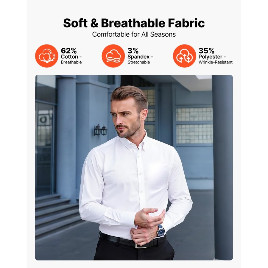 VEVOR Wrinkle Free White Dress Shirt – M, L, and XL Sizes