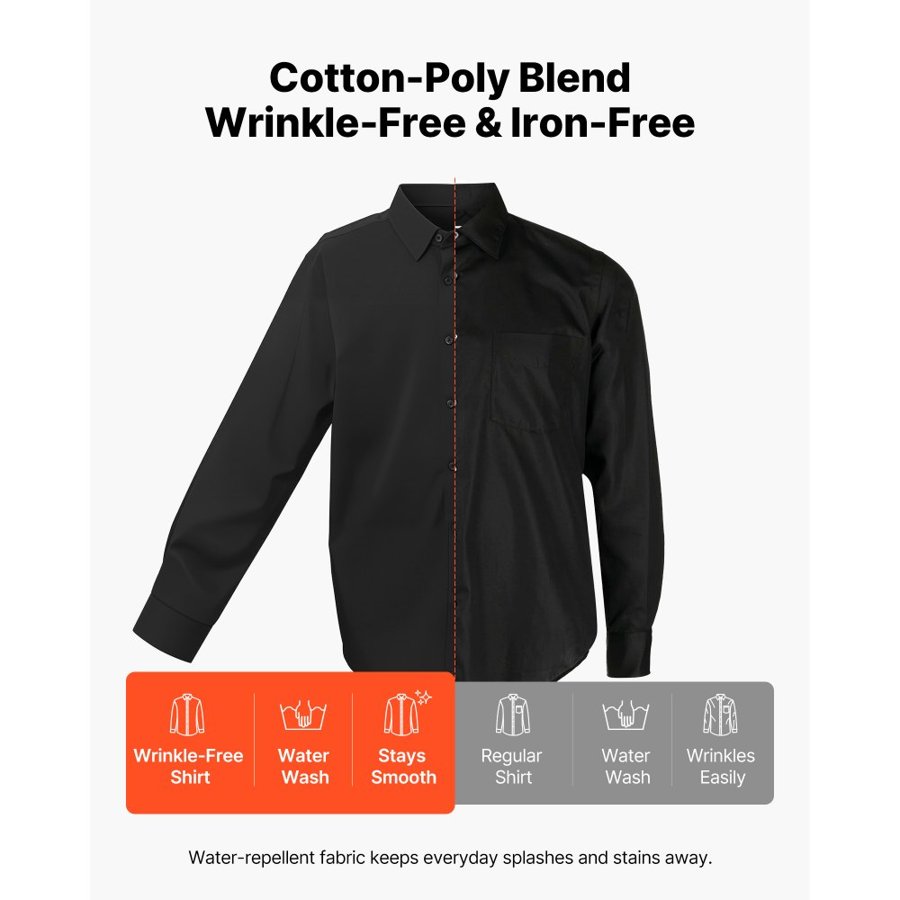 VEVOR Men's Black Button Up Shirt – 62% Cotton, 3% Stretch