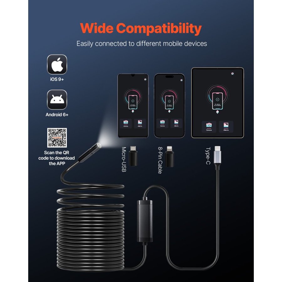 VEVOR Endoscope Camera with 15m Semi-Rigid Cable, 1920P HD Borescope for Android & IOS, Industrial Inspection Camera with Light - 8 LED, 2X Zoom, IP67 Waterproof Snake Camera for Auto, Plumbing