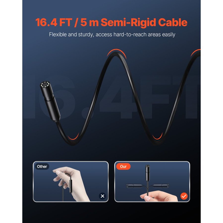 VEVOR Endoscope Camera with Light, 1920P HD Borescope for Android & IOS, 8 LED Lights Inspection Camera with 5m Semi-Rigid Cable, 2X Zoom, IP67 Waterproof Snake Scope Camera for Auto, Plumbing