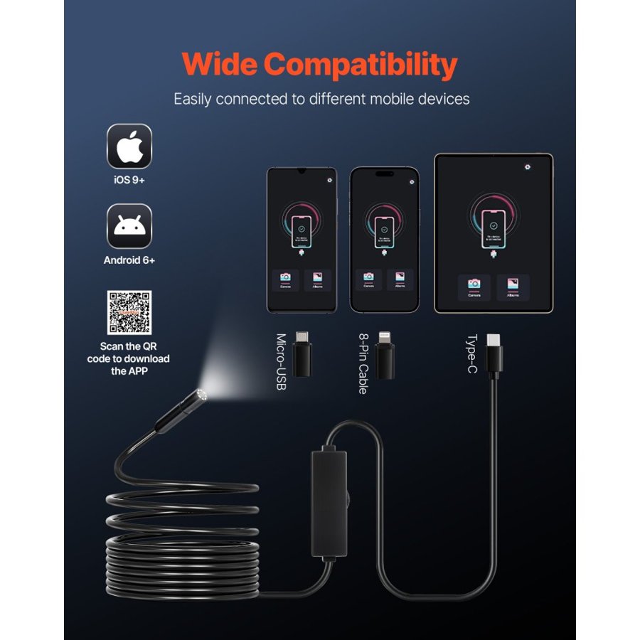 VEVOR Endoscope Camera with Light, 1920P HD Borescope for Android & IOS, 8 LED Lights Inspection Camera with 5m Semi-Rigid Cable, 2X Zoom, IP67 Waterproof Snake Scope Camera for Auto, Plumbing