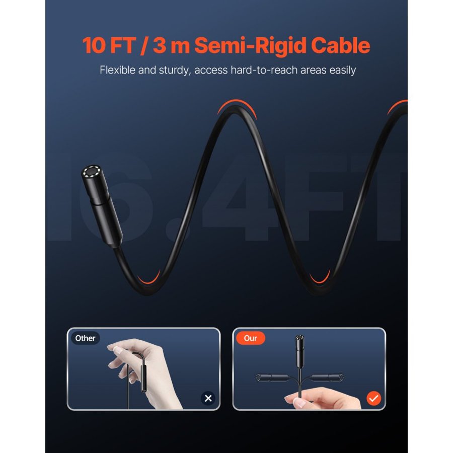 VEVOR Endoscope Camera with Light, 1920P HD Borescope for Android & IOS, 8 LED Lights Inspection Camera with 3m Semi-Rigid Cable, 2X Zoom, IP67 Waterproof Snake Scope Cameras for Auto, Plumbing