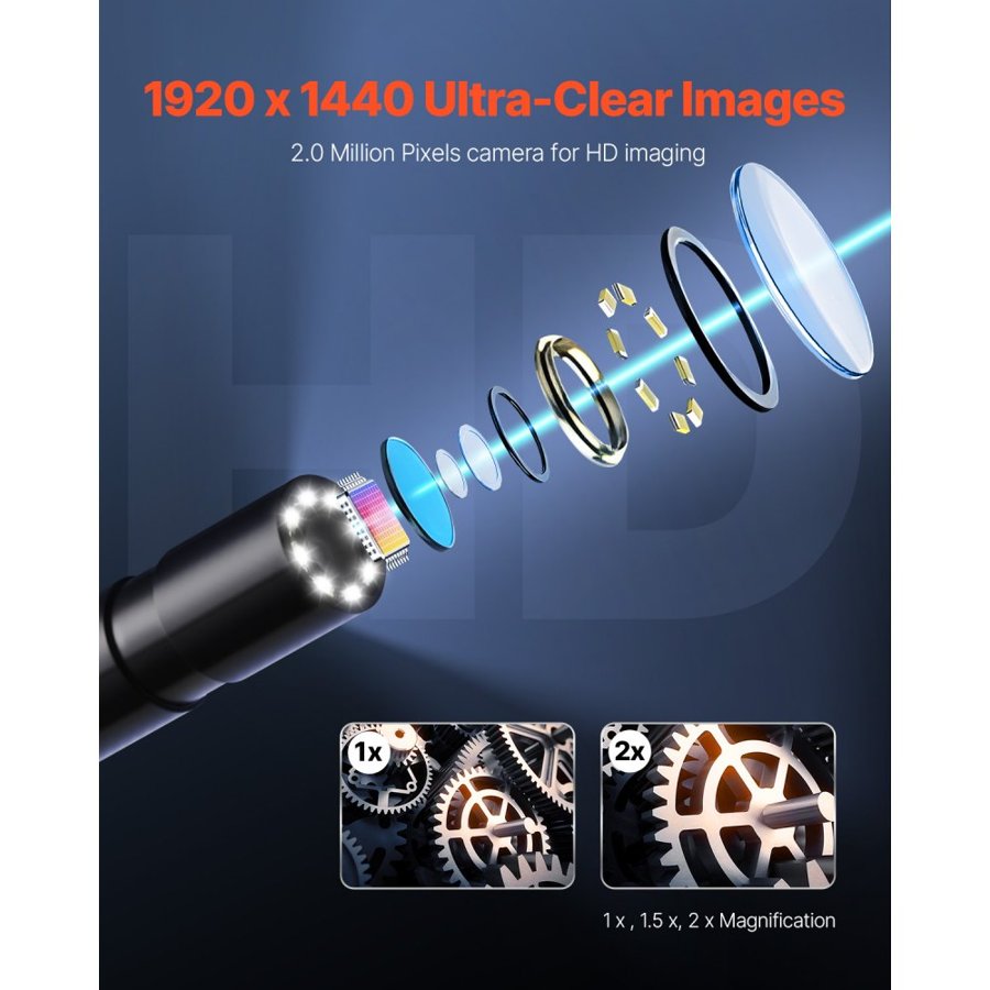 VEVOR Endoscope Camera with Light, 1920P HD Borescope for Android & IOS, 8 LED Lights Inspection Camera with 3m Semi-Rigid Cable, 2X Zoom, IP67 Waterproof Snake Scope Cameras for Auto, Plumbing