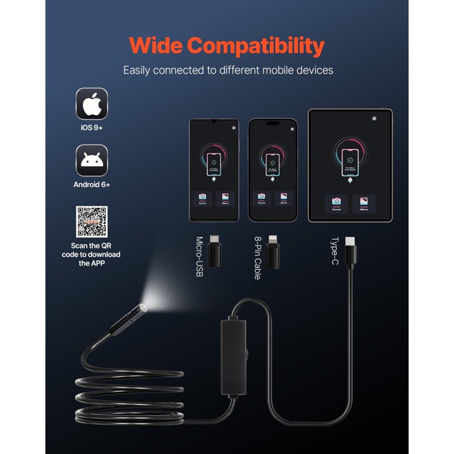 VEVOR Endoscope Camera with Light, 1920P HD Borescope for Android & IOS, 8 LED Lights Inspection Camera with 3m Semi-Rigid Cable, 2X Zoom, IP67 Waterproof Snake Scope Cameras for Auto, Plumbing