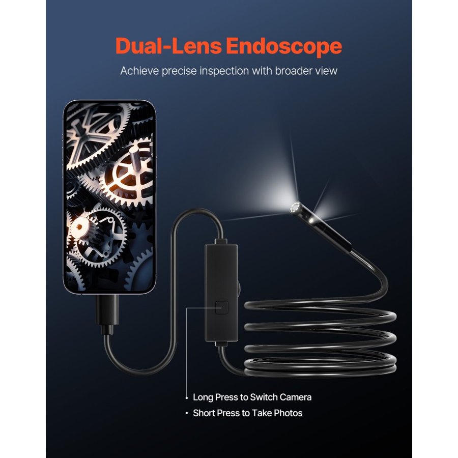 VEVOR Phone Camera Snake – 2 Lens, 10FT Waterproof Endoscope