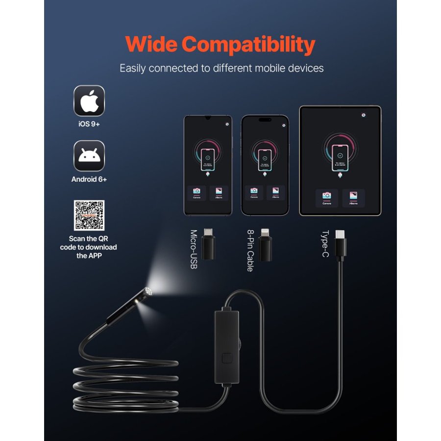 VEVOR Phone Camera Snake – 2 Lens, 10FT Waterproof Endoscope