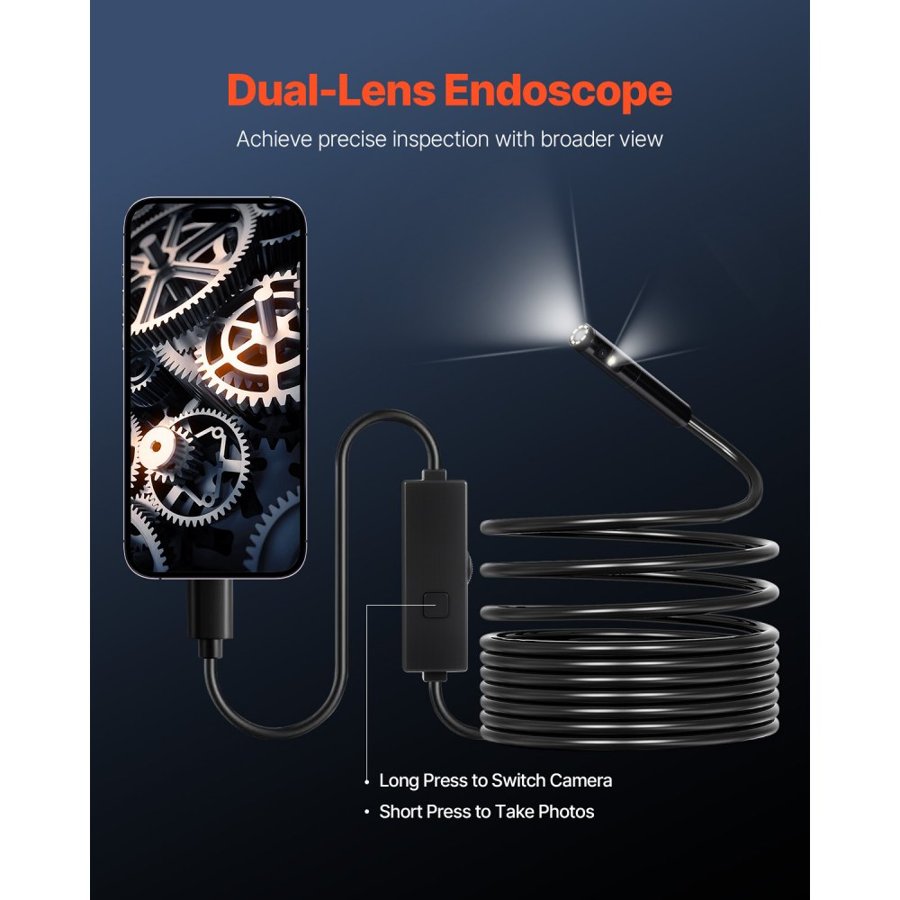 VEVOR Borescope for Phone – 16.4 ft Cable, Android & iOS