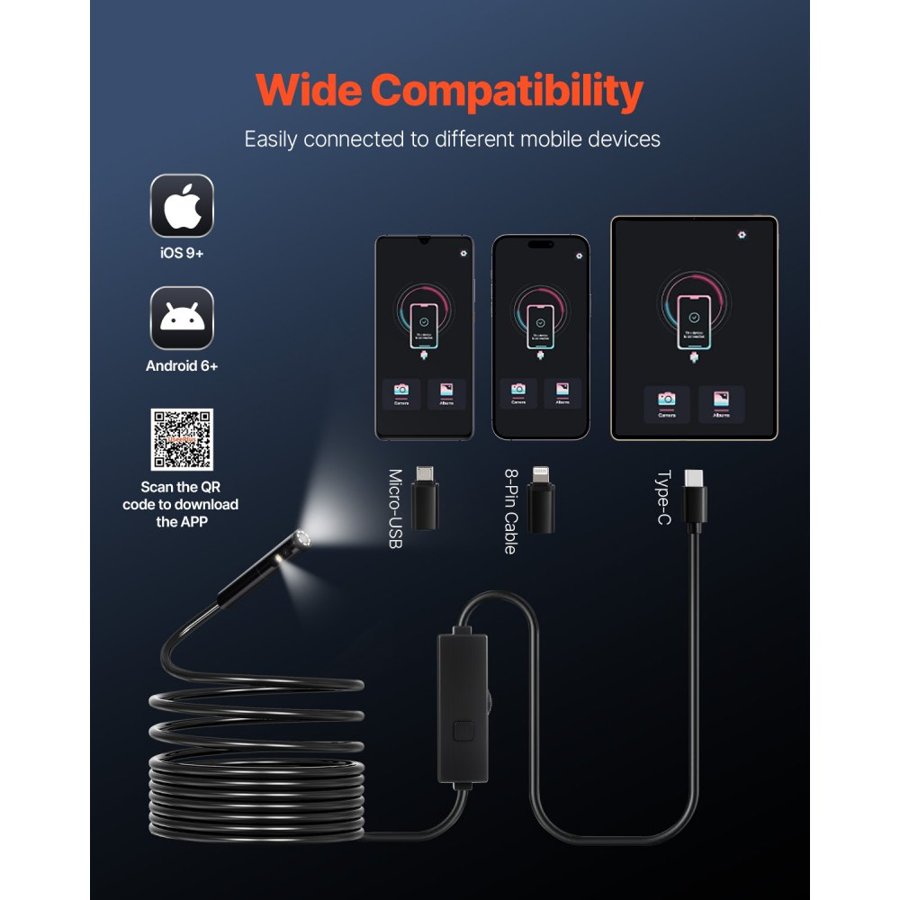 VEVOR Borescope for Phone – 16.4 ft Cable, Android & iOS