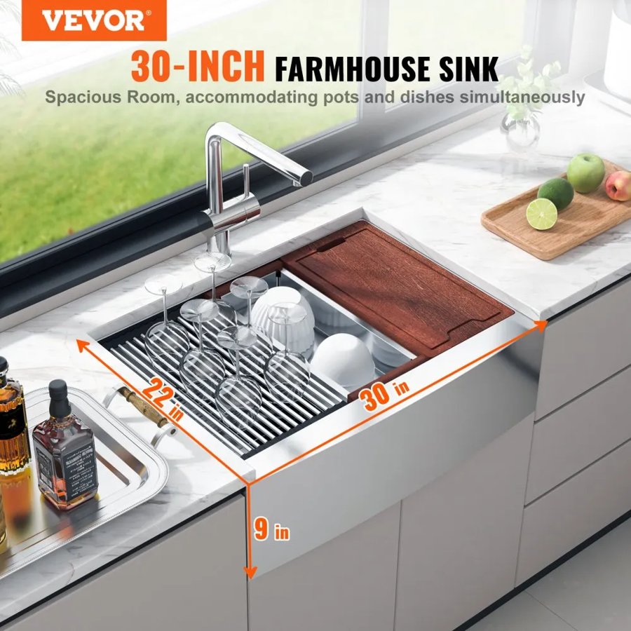 VEVOR Farmhouse Kitchen Sink, 304 Stainless Steel Drop-In Sinks, Top Mount Single Bowl Basin with Ledge & Accessories, Household Dishwasher Sinks for Workstation, Prep Kitchen, and Bar Sink, 30 inch