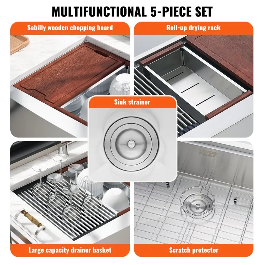 VEVOR Farmhouse Kitchen Sink, 304 Stainless Steel Drop-In Sinks, Top Mount Single Bowl Basin with Ledge & Accessories, Household Dishwasher Sinks for Workstation, Prep Kitchen, and Bar Sink, 30 inch