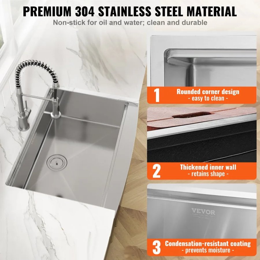 VEVOR Farmhouse Kitchen Sink, 304 Stainless Steel Drop-In Sinks, Top Mount Single Bowl Basin with Ledge & Accessories, Household Dishwasher Sinks for Workstation, Prep Kitchen, and Bar Sink, 30 inch