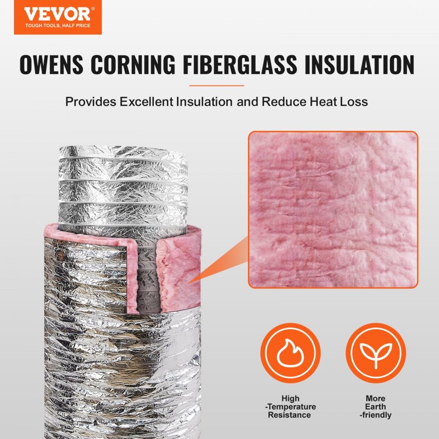 VEVOR Dryer Vent Hose, 254MM Insulated Flexible Duct 7.62M Long with 2 Duct Clamps, Heavy-Duty Three Layer Protection for HVAC Heating Cooling Ventilation and Exhaust, R-6.0 Flame Resistance Value
