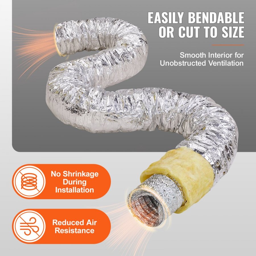 VEVOR Dryer Vent Hose, 152.4MM Insulated Flexible Duct 7.62M Long with 2 Duct Clamps, Heavy-Duty Three Layer Protection for HVAC Heating Cooling Ventilation and Exhaust, R-4.2 Flame Resistance Value
