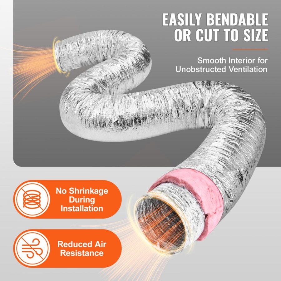 VEVOR Dryer Vent Hose, 203.2MM Insulated Flexible Duct 7.62M Long with 2 Duct Clamps, Heavy-Duty Three Layer Protection for HVAC Heating Cooling Ventilation and Exhaust, R-6.0 Flame Resistance Value