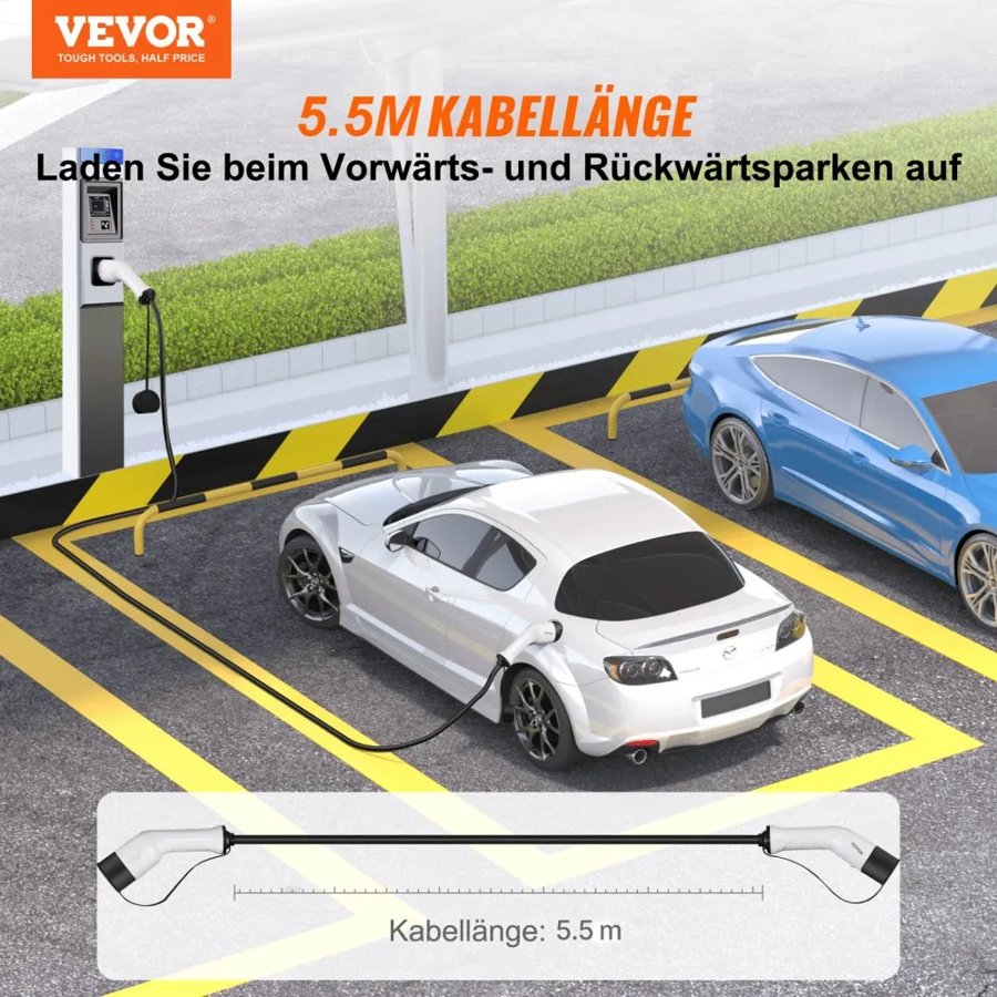 VEVOR 32 Amp EV Charging Cable – Type 2, 22kW, 5 Meters