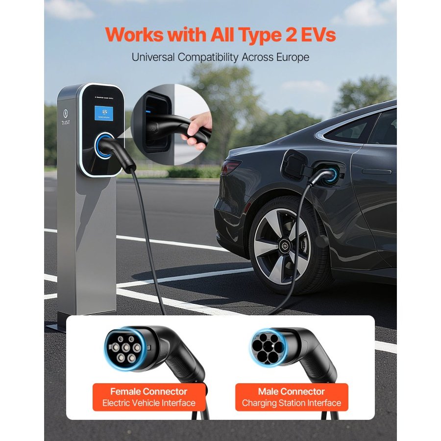 VEVOR Type 2 EV Charger Extension Cable – 10m, 11kW, 16A