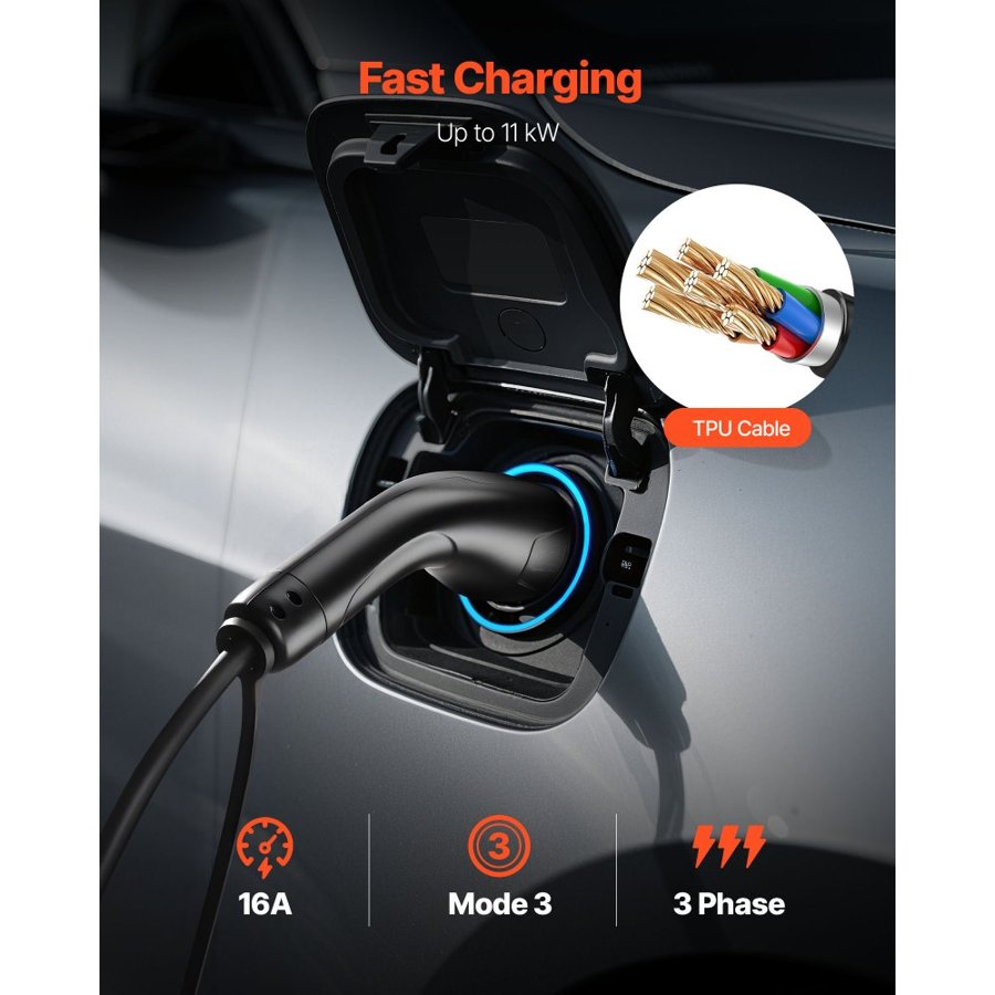 VEVOR Type 2 EV Charger Extension Cable – 10m, 11kW, 16A
