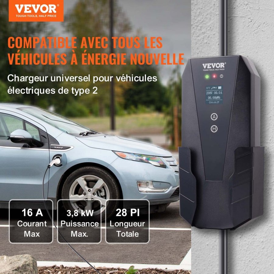 VEVOR Portable EV Charger Type 2, 16A 3.7 kW, Electric Vehicle Car Charger with 8.6 m Charging Cable CEE 7/7 Plug LCD Screen, IEC 62196 Home EV Charging Station with Carry Bag Charging Cable Hook, IP66
