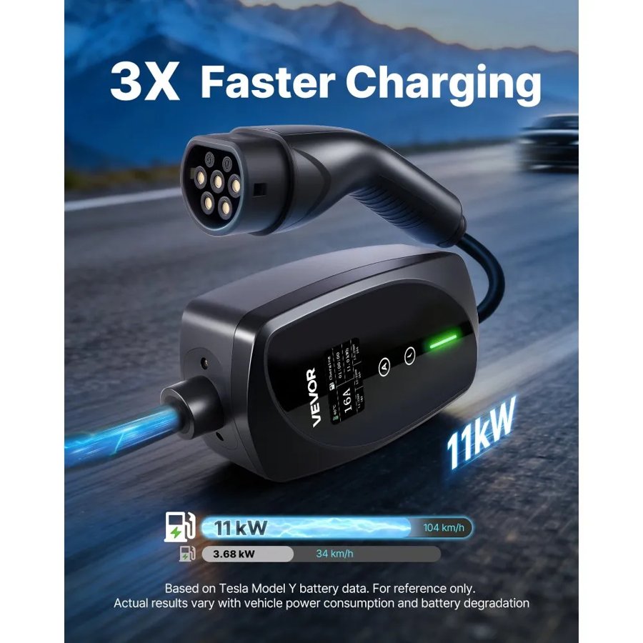 VEVOR Portable Type 2 EV Charger – 11 kW 16A, 3-Phase