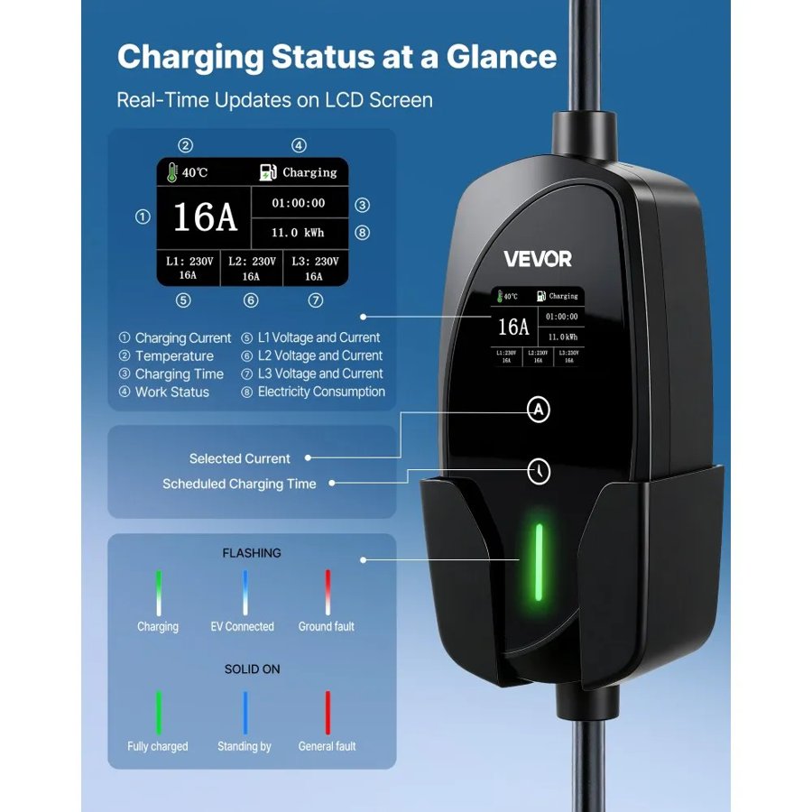 VEVOR Portable Type 2 EV Charger – 11 kW 16A, 3-Phase