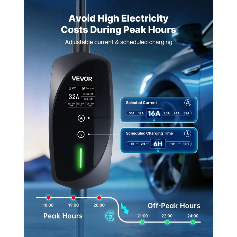 VEVOR 22kW Mobile Wallbox – 208km/hr, 3-Phase, CEE32, Type 2