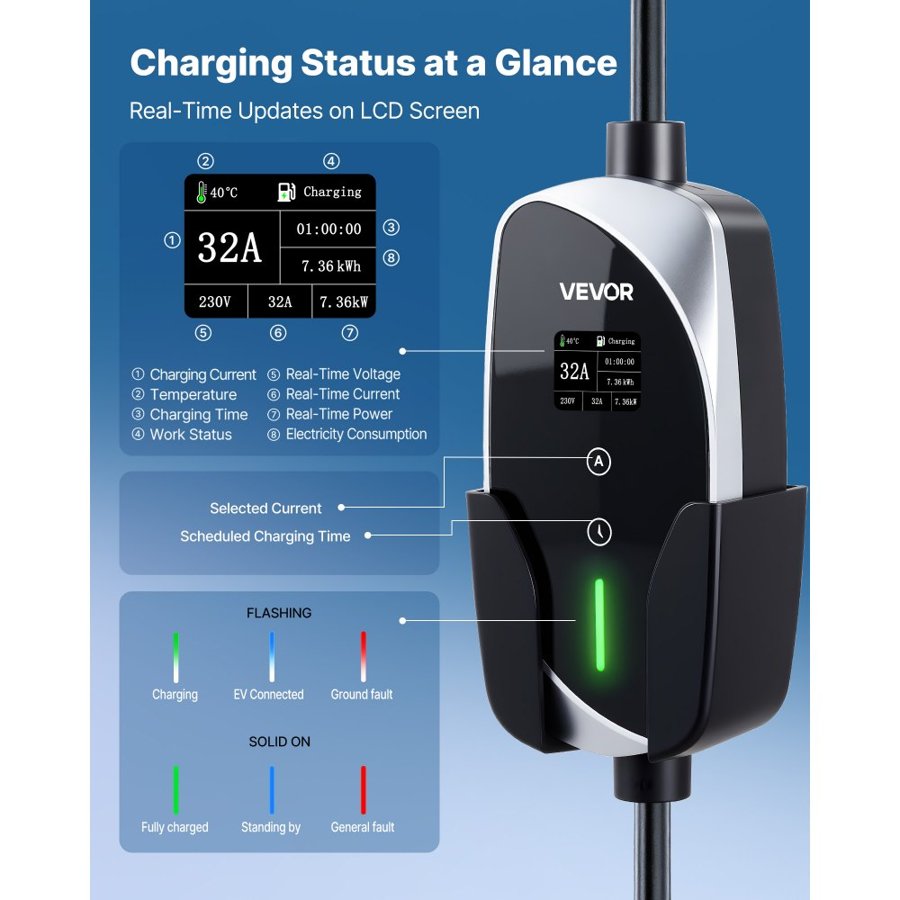 VEVOR Mobile Wallbox, 7.4 kW 32A, Type 2 Portable EV Charger, Single Phase Electric Vehicle Car Charger with 6 m Charging Cable, CEE Plug, LCD Screen, Adjustable EV Charging Station, IP66 Control Box