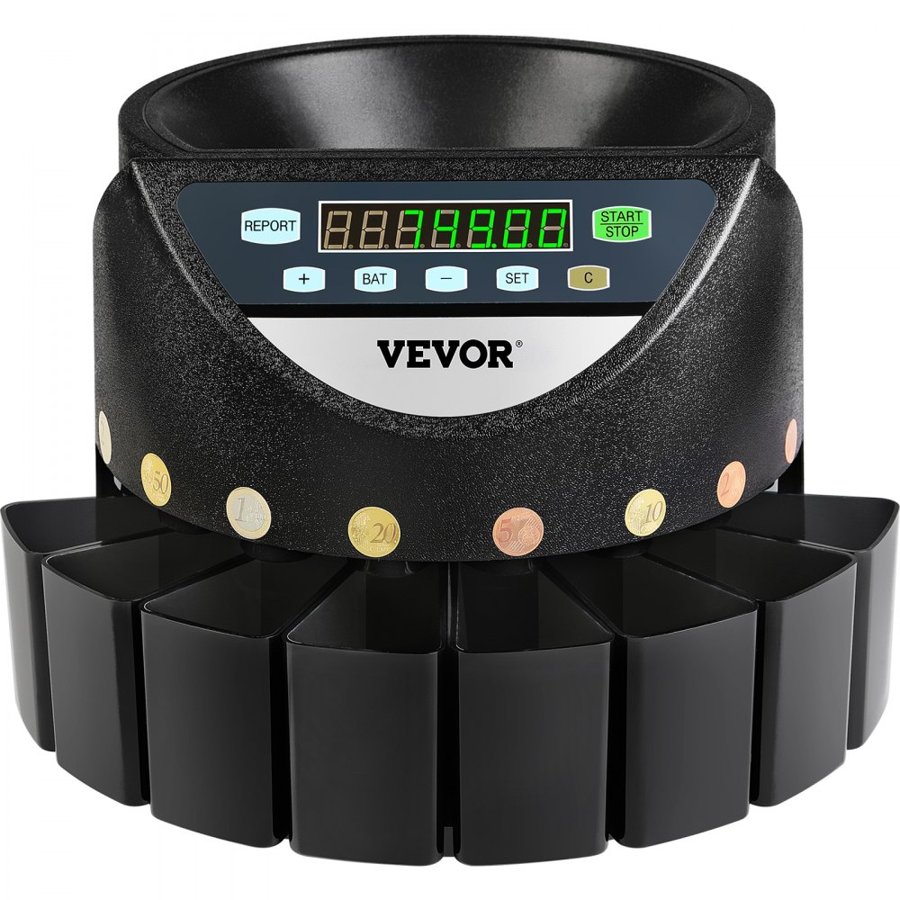 VEVOR Euro Coin Counter Sorter 500-1000 Coins Electronic Automatic EUR Coin Counting Machine 300 Coins Per Minute with 8 Coin Drawers for School Shop Bank
