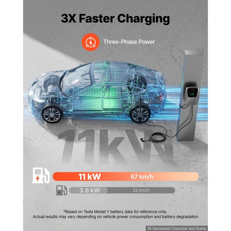 VEVOR Electric Vehicle Charging Station 11kW Three-Phase EV Charger 7.5M, for All EVs and PHEVs, 400V AC Home Type 2 Smart Car Wallbox, 16A Current, with APP Remote Control & LED Indicator, IP65
