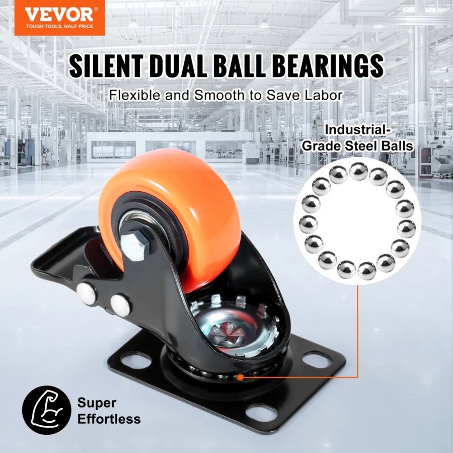 VEVOR Caster Wheels, 5.1 cm Swivel Plate Casters, Set of 4, with Security Dual Locking No Noise PVC Wheels, Heavy Duty 68 kg Load Capacity Per Caster, Non-Marking Wheels for Cart Furniture Workbench