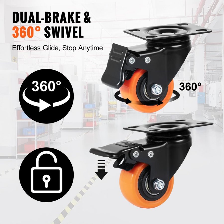 VEVOR Caster Wheels, 5.1 cm Swivel Plate Casters, Set of 4, with Security Dual Locking No Noise PVC Wheels, Heavy Duty 68 kg Load Capacity Per Caster, Non-Marking Wheels for Cart Furniture Workbench