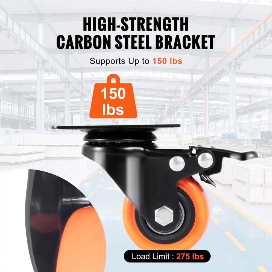 VEVOR Caster Wheels, 5.1 cm Swivel Plate Casters, Set of 4, with Security Dual Locking No Noise PVC Wheels, Heavy Duty 68 kg Load Capacity Per Caster, Non-Marking Wheels for Cart Furniture Workbench