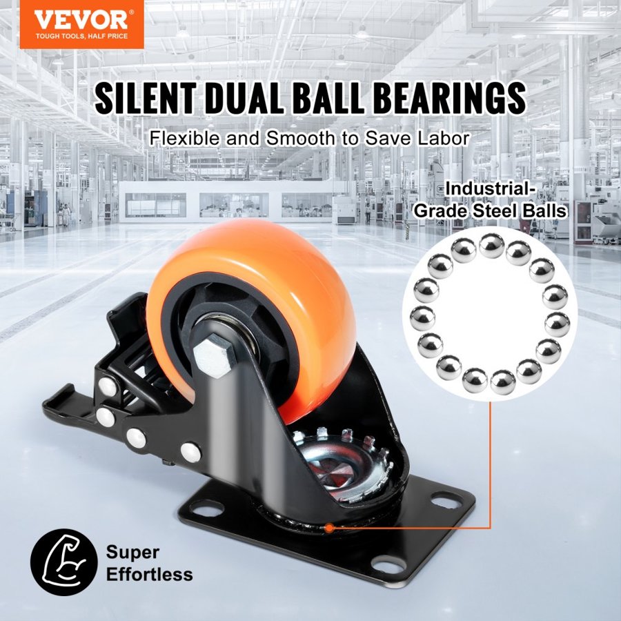 VEVOR Caster Wheels, 7.6 cm Swivel Plate Casters, Set of 4, with Security A/B Locking No Noise PVC Wheels, Heavy Duty 113.4 kg Load Capacity Per Caster, Non-Marking Wheels for Cart Furniture Workbench