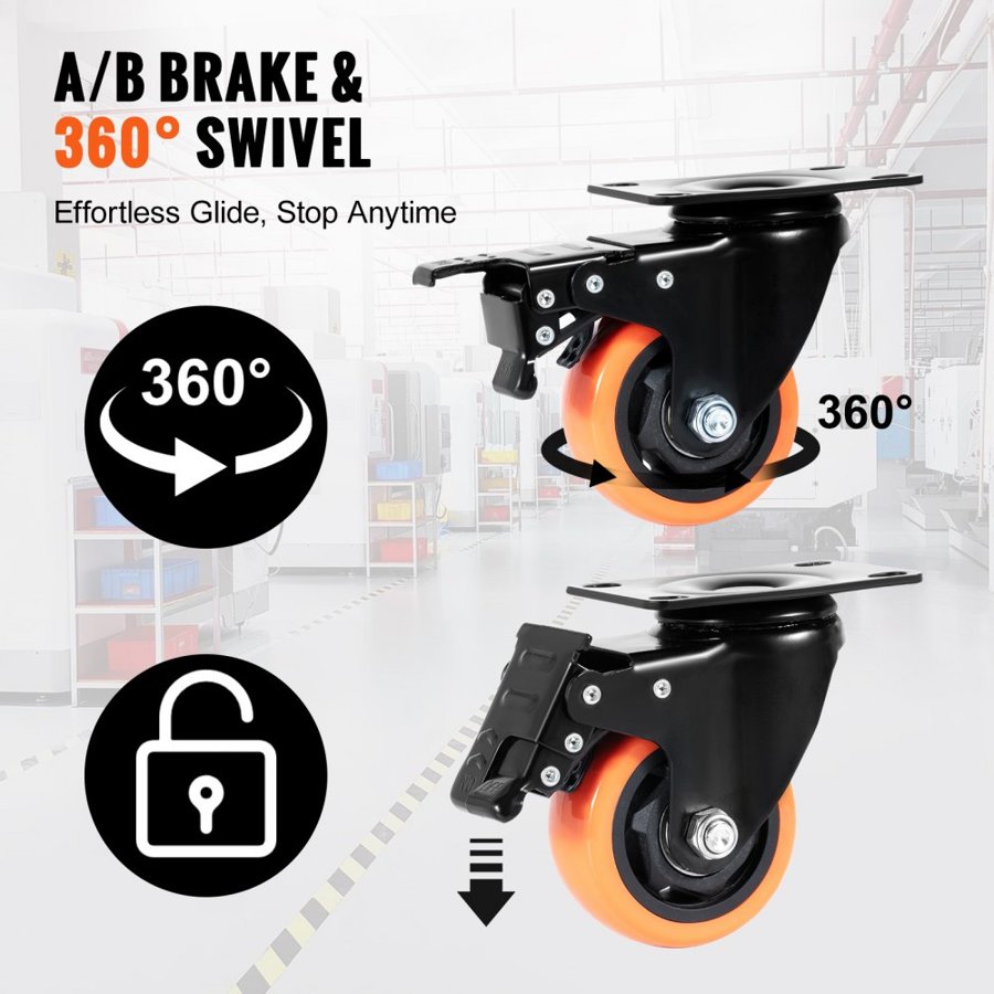 VEVOR Caster Wheels, 7.6 cm Swivel Plate Casters, Set of 4, with Security A/B Locking No Noise PVC Wheels, Heavy Duty 113.4 kg Load Capacity Per Caster, Non-Marking Wheels for Cart Furniture Workbench