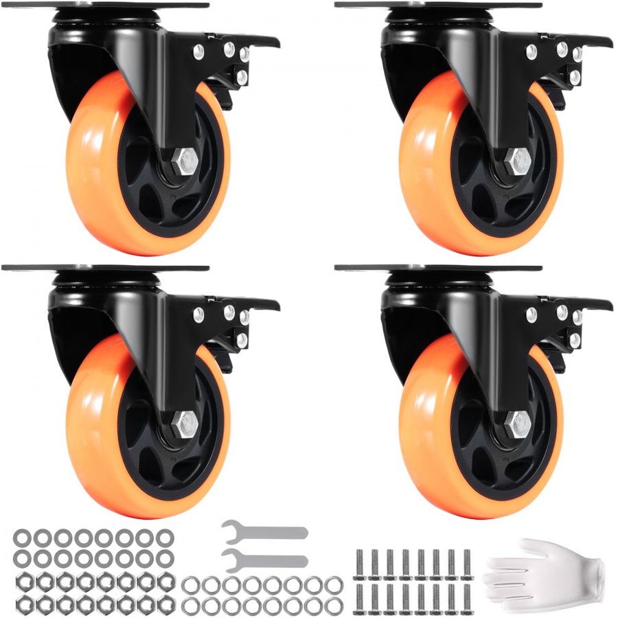 VEVOR Caster Wheels, 10.1 cm Swivel Plate Casters, Set of 4, with Security A/B Locking No Noise PVC Wheels, Heavy Duty 158.8 kg Load Capacity Per Caster, Non-Marking Wheels for Cart Furniture Workbench