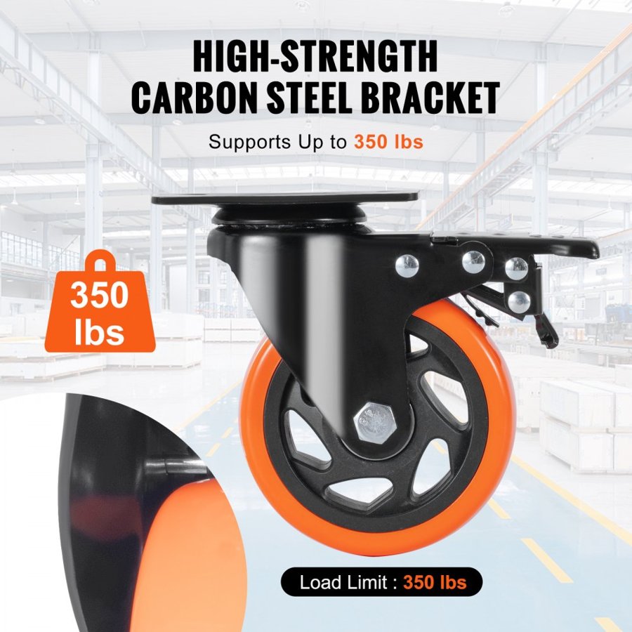 VEVOR Caster Wheels, 10.1 cm Swivel Plate Casters, Set of 4, with Security A/B Locking No Noise PVC Wheels, Heavy Duty 158.8 kg Load Capacity Per Caster, Non-Marking Wheels for Cart Furniture Workbench