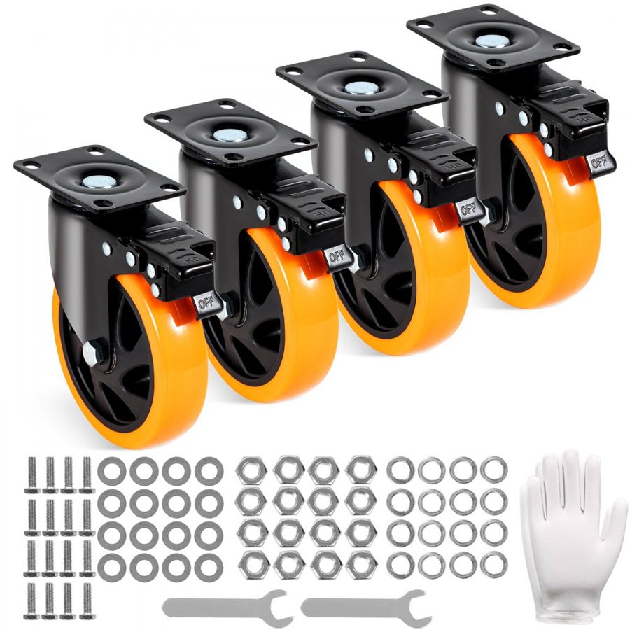 VEVOR Caster Wheels, 12.7 cm Swivel Plate Casters, Set of 4, with Security A/B Locking No Noise PVC Wheels, Heavy Duty 204.1 kg Load Capacity Per Caster, Non-Marking Wheels for Cart Furniture Workbench