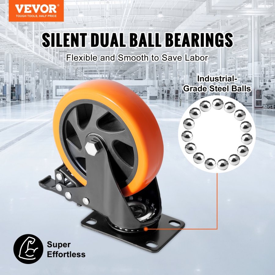 VEVOR Caster Wheels, 12.7 cm Swivel Plate Casters, Set of 4, with Security A/B Locking No Noise PVC Wheels, Heavy Duty 204.1 kg Load Capacity Per Caster, Non-Marking Wheels for Cart Furniture Workbench