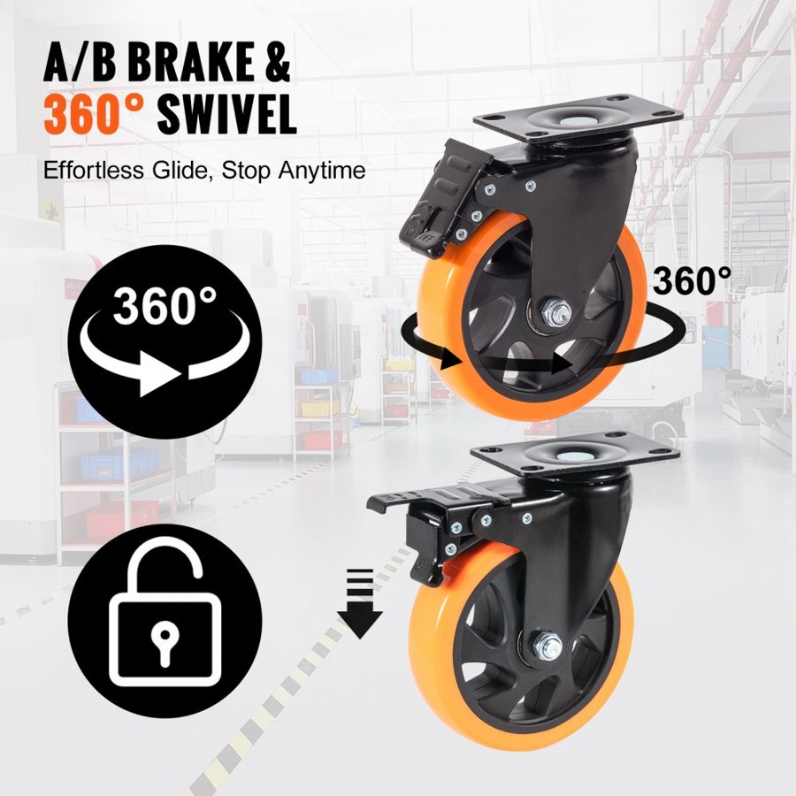 VEVOR Caster Wheels, 12.7 cm Swivel Plate Casters, Set of 4, with Security A/B Locking No Noise PVC Wheels, Heavy Duty 204.1 kg Load Capacity Per Caster, Non-Marking Wheels for Cart Furniture Workbench