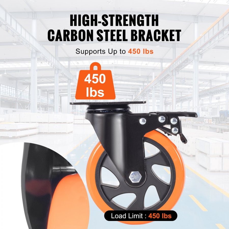 VEVOR Caster Wheels, 12.7 cm Swivel Plate Casters, Set of 4, with Security A/B Locking No Noise PVC Wheels, Heavy Duty 204.1 kg Load Capacity Per Caster, Non-Marking Wheels for Cart Furniture Workbench