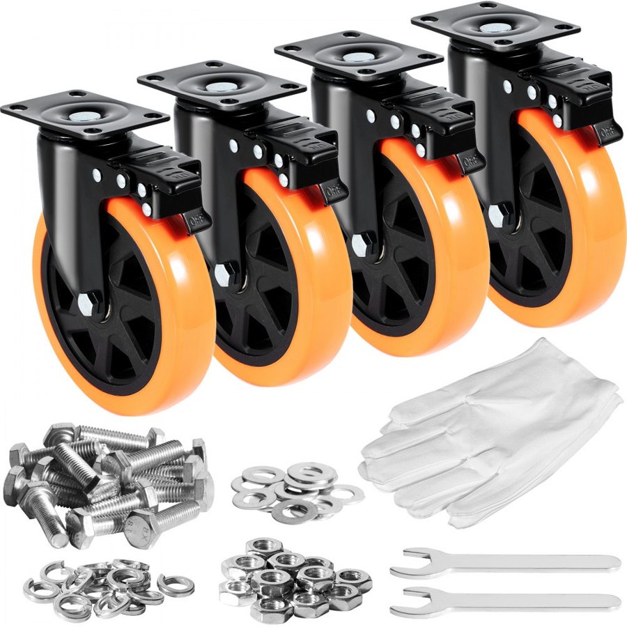 VEVOR Caster Wheels, 15.2 cm Swivel Plate Casters, Set of 4, with Security A/B Locking No Noise PVC Wheels, Heavy Duty 317.5 kg Load Capacity Per Caster, Non-Marking Wheels for Cart Furniture Workbench
